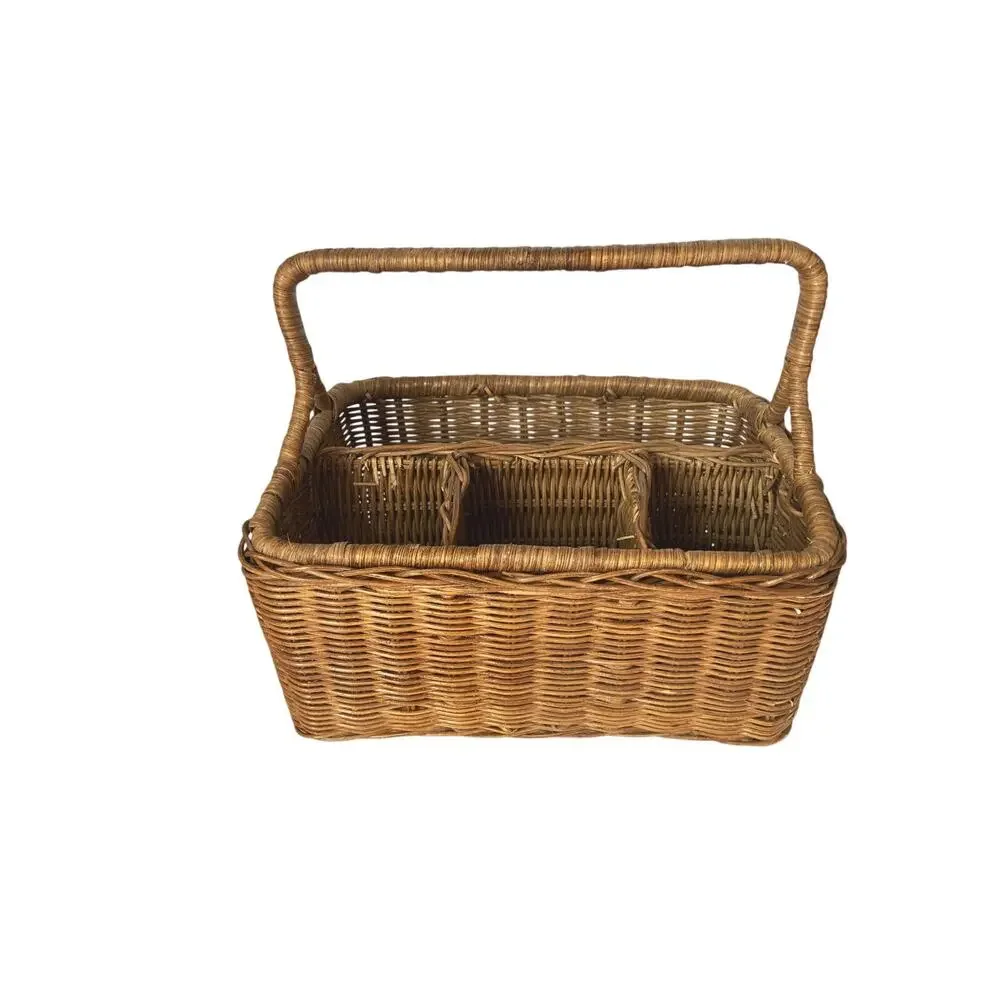 Vintage Rattan & Wicker Divided Utensil Caddy Storage Basket Country Cottage